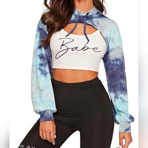 SweatyRocks Y2K Style Super Crop Blue & White Tie Dye Hooded Sweatshirt